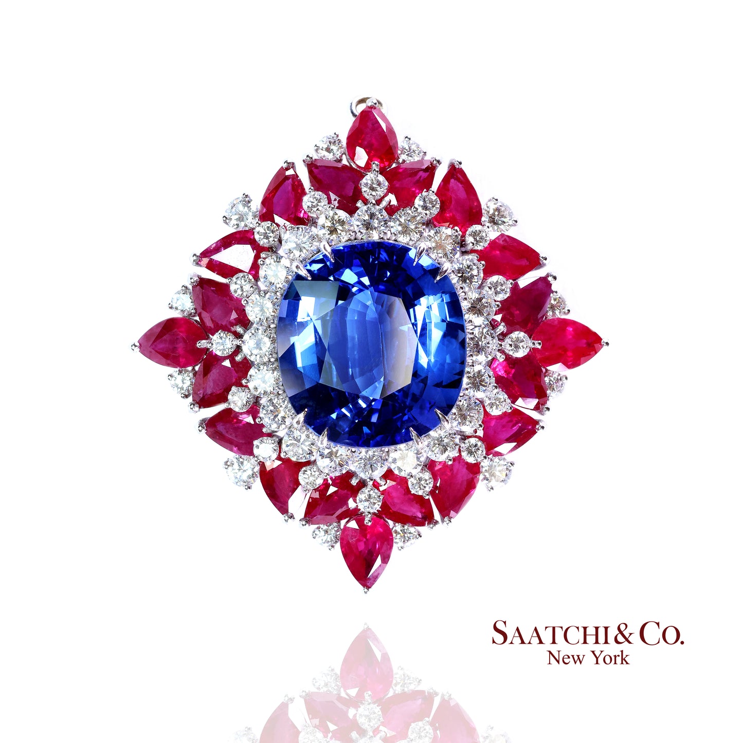 Gubelin Certified 18K White Gold Natural Sapphire Ruby and Diamond Brooch / Pendant