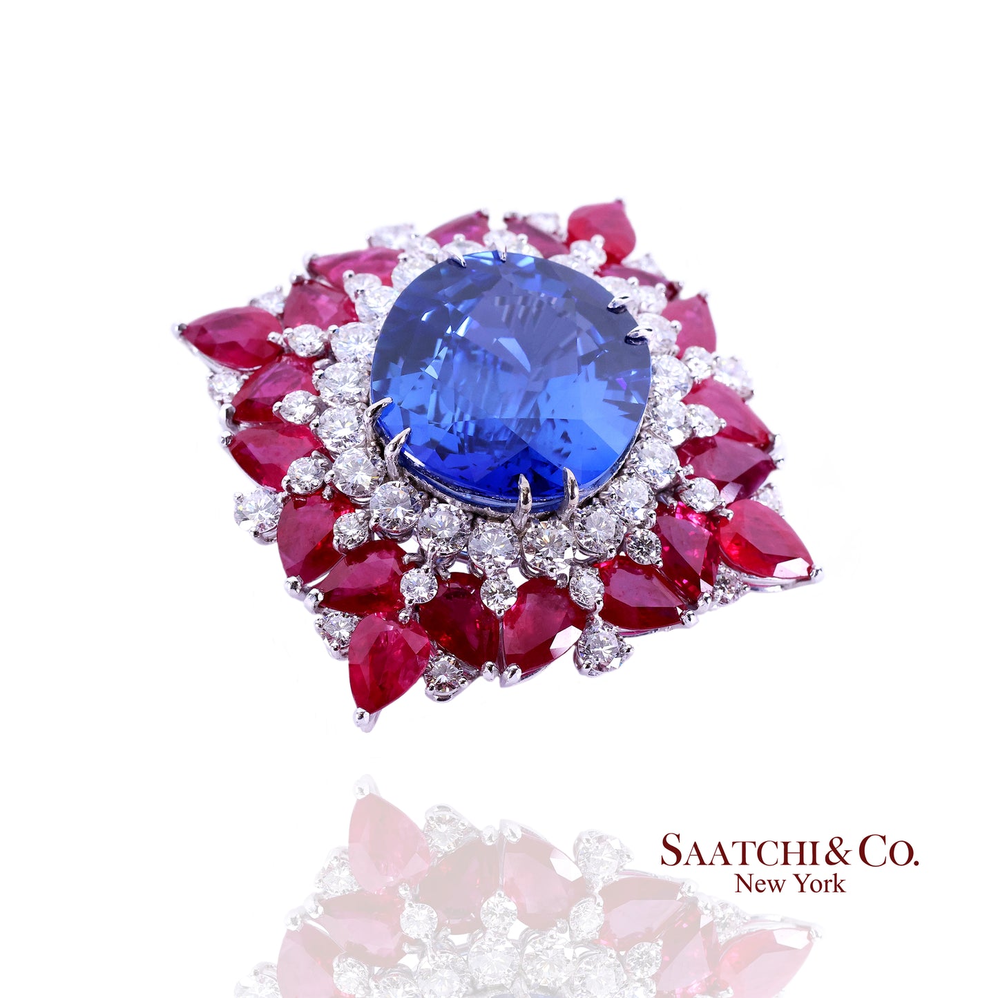 Gubelin Certified 18K White Gold Natural Sapphire Ruby and Diamond Brooch / Pendant