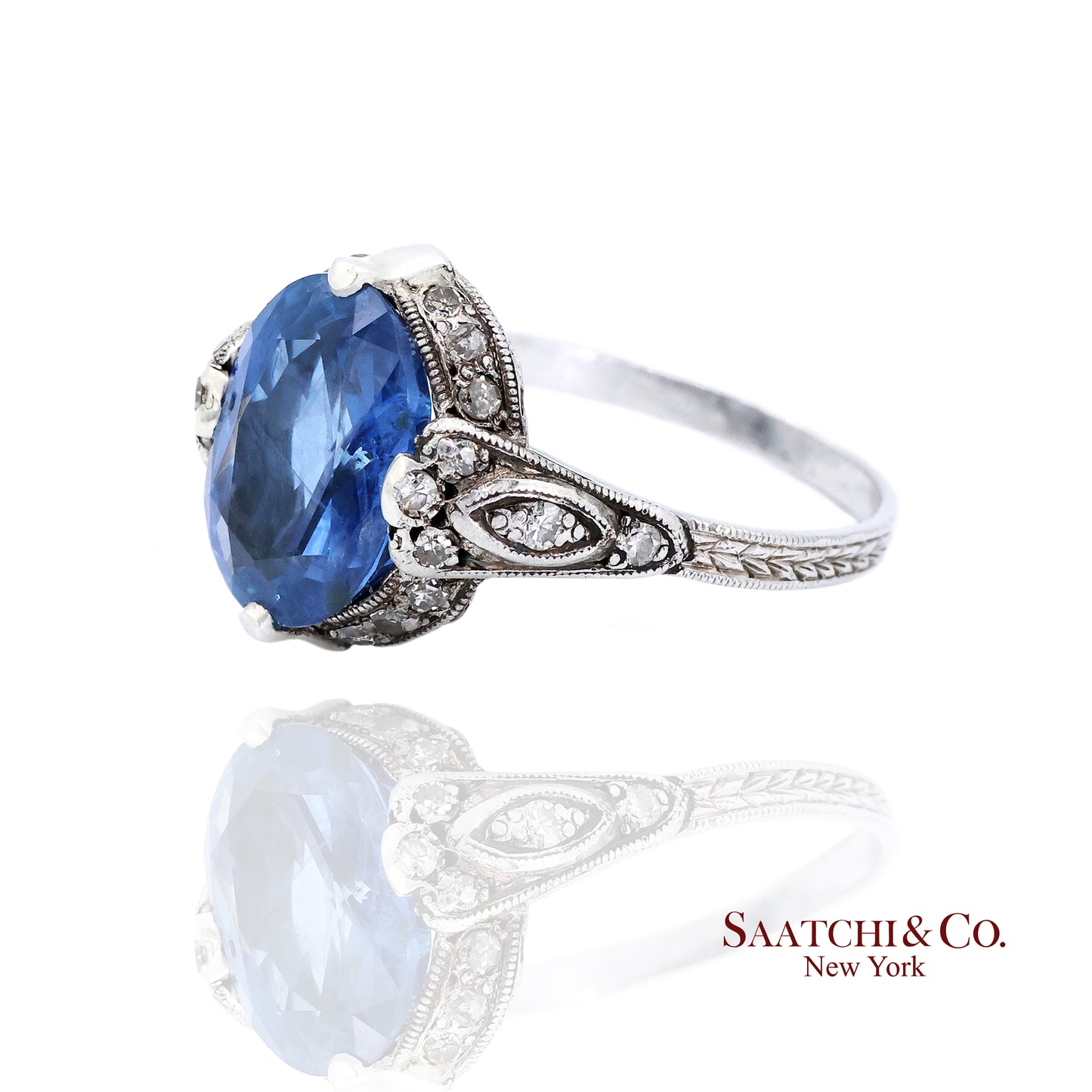 Antique Edwardian platinum mount with No Heat Sapphire and Diamond accents
