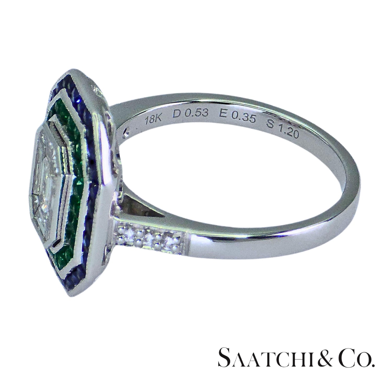 18K (750) Illusion Emerald Shape Natural Round VVS Diamond Sapphire Emerald Ring