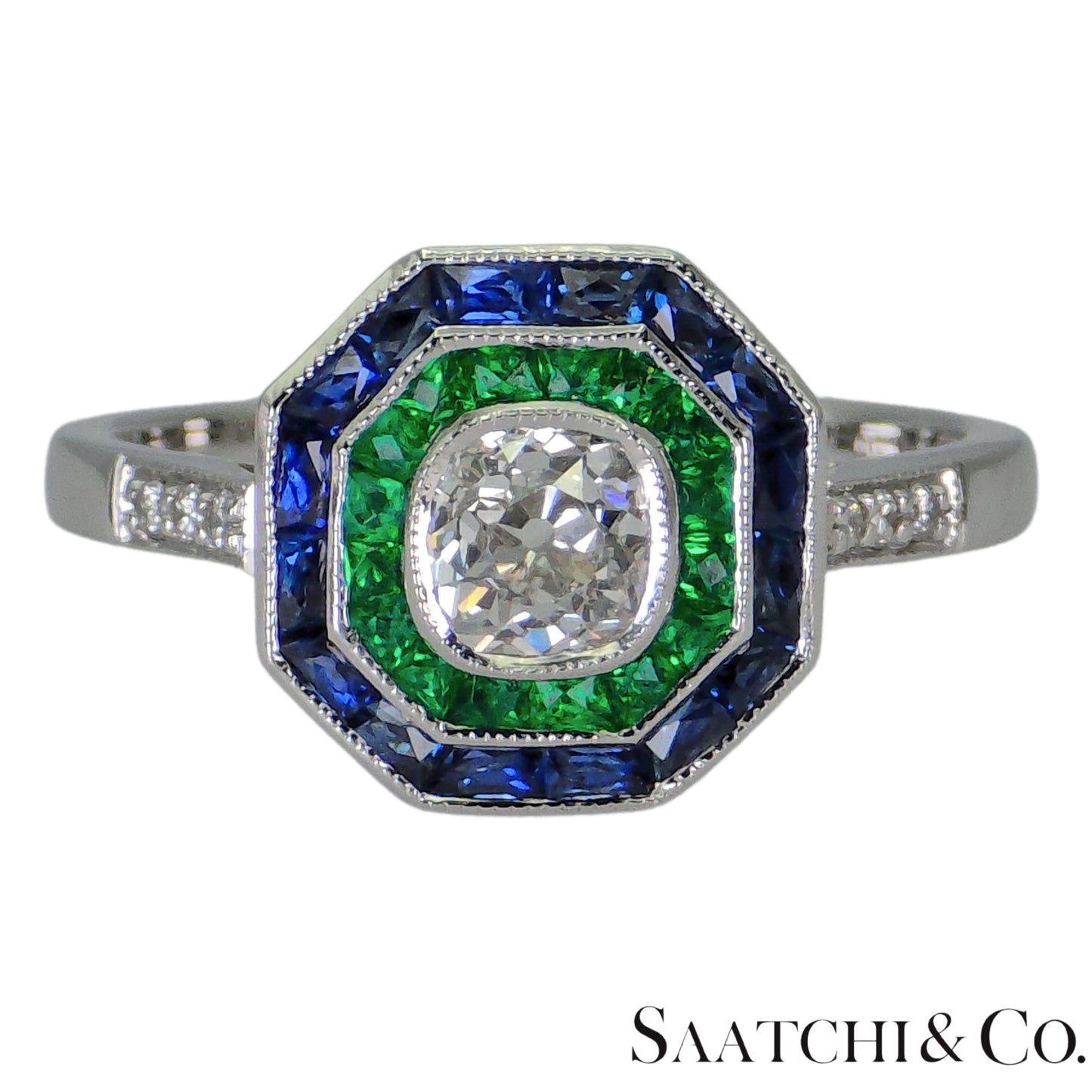 18K (750) White Gold Cushion Shape Natural Diamond Sapphire Emerald: Ring