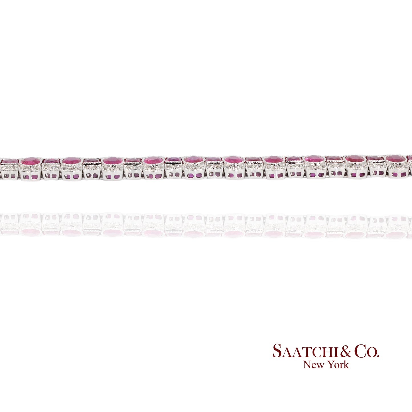 14K White Gold Natural Ruby Diamond Tennis Bracelet Milgrain Setting