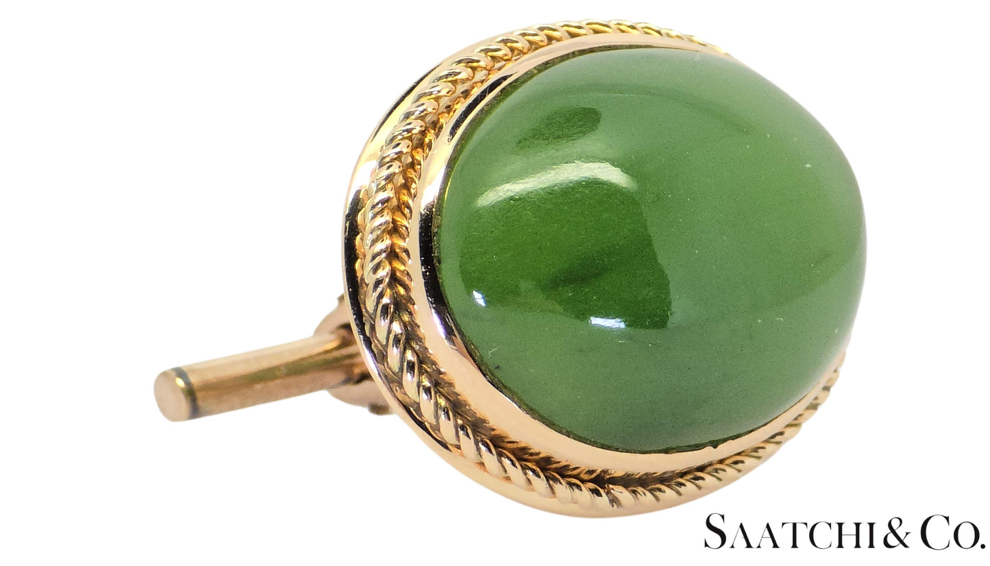 18K (750) Yellow Gold - Natural Green Jade Cabochon Cut: cufflinks