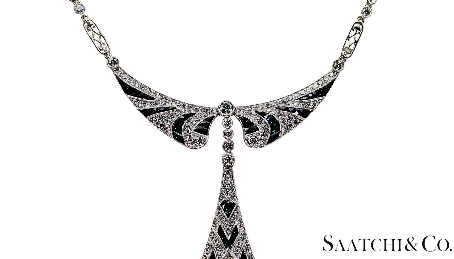 GIA Certified Diamond and Natural Sapphire in Platinum 950 Elegant Necklace