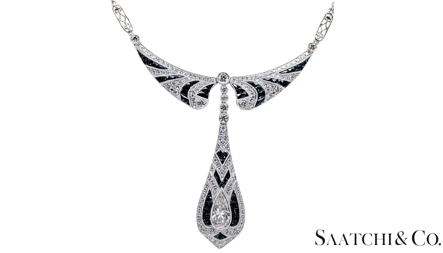 GIA Certified Diamond and Natural Sapphire in Platinum 950 Elegant Necklace