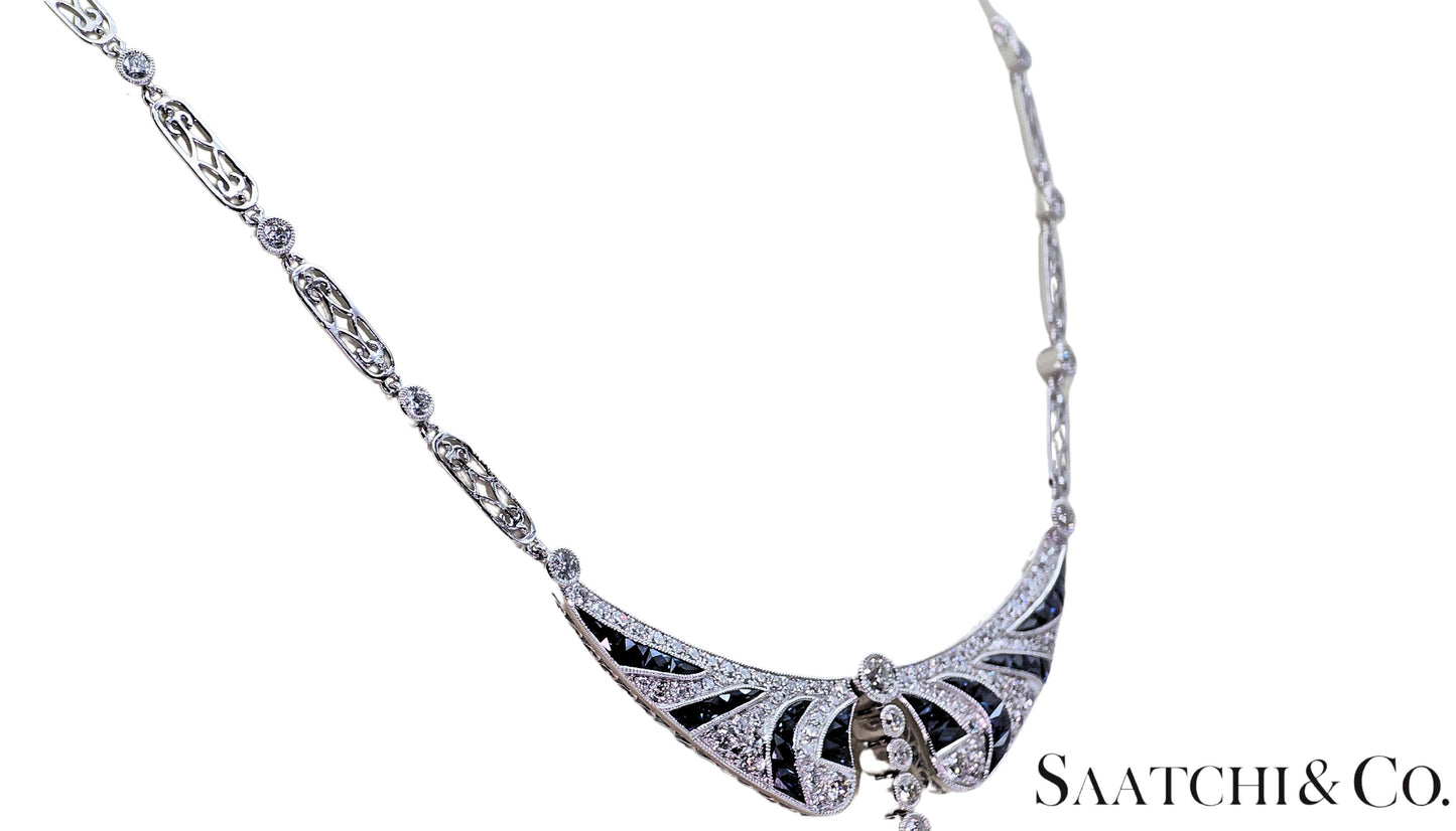 GIA Certified Diamond and Natural Sapphire in Platinum 950 Elegant Necklace