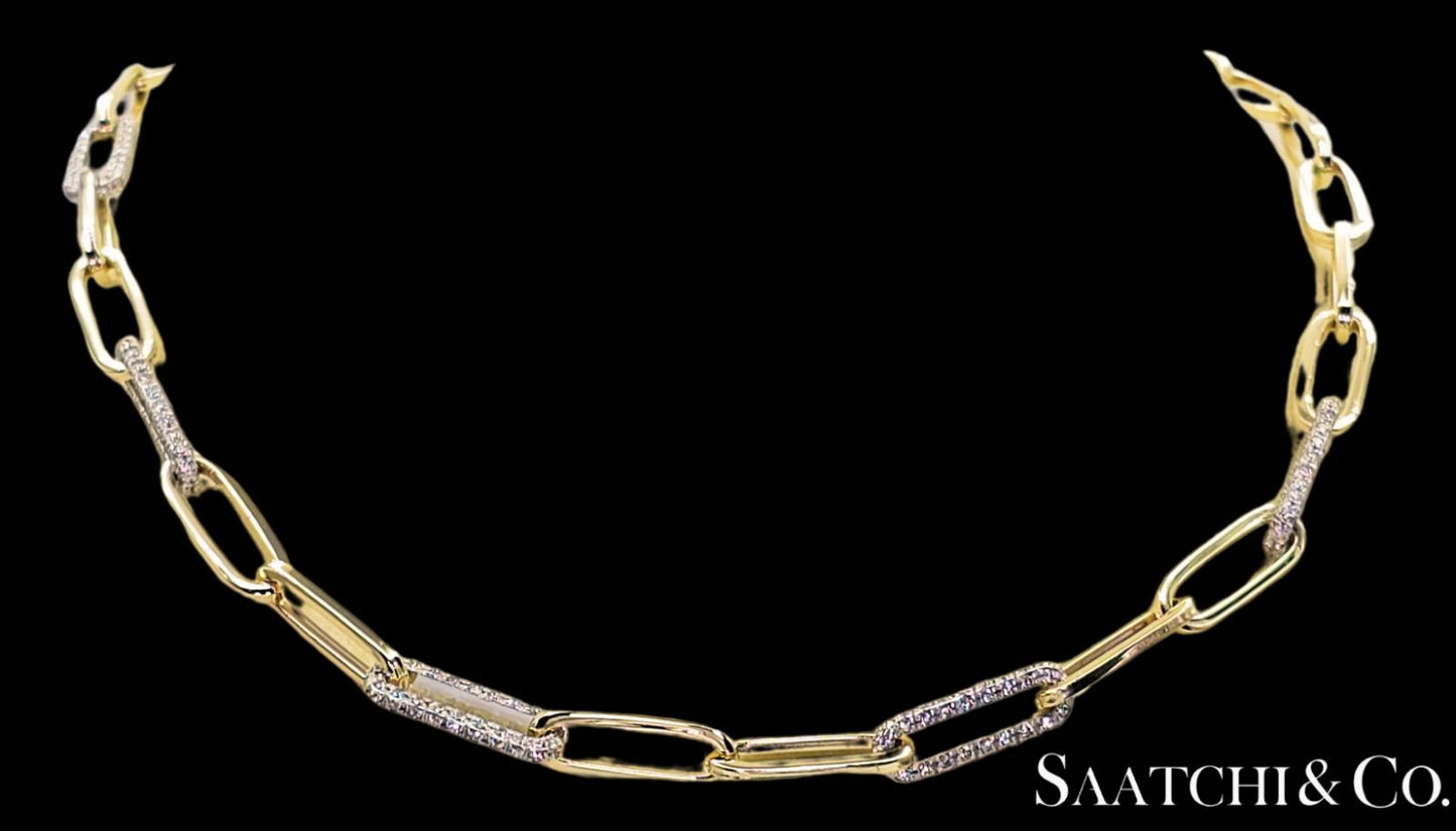 14K (585) White - Yellow Gold Two tone PaperClip shape Necklace -Natural Diamond