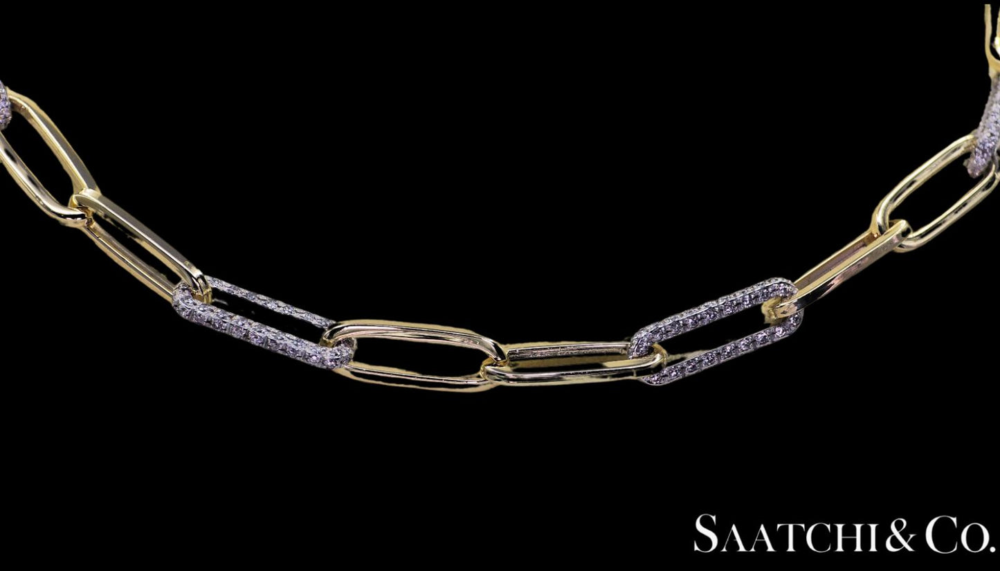 14K (585) White - Yellow Gold Two tone PaperClip shape Necklace -Natural Diamond