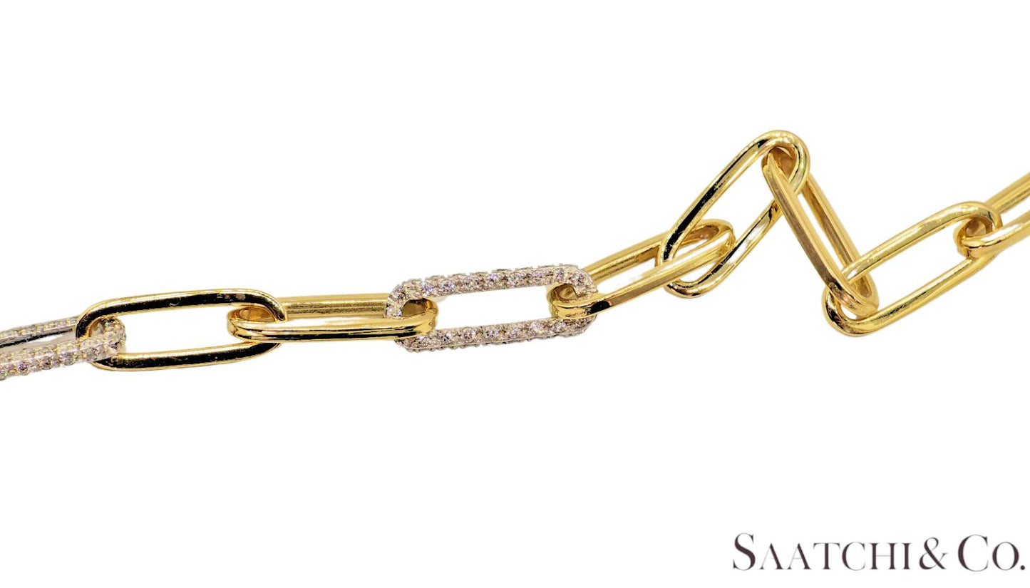 14K (585) White - Yellow Gold Two tone PaperClip shape Necklace -Natural Diamond