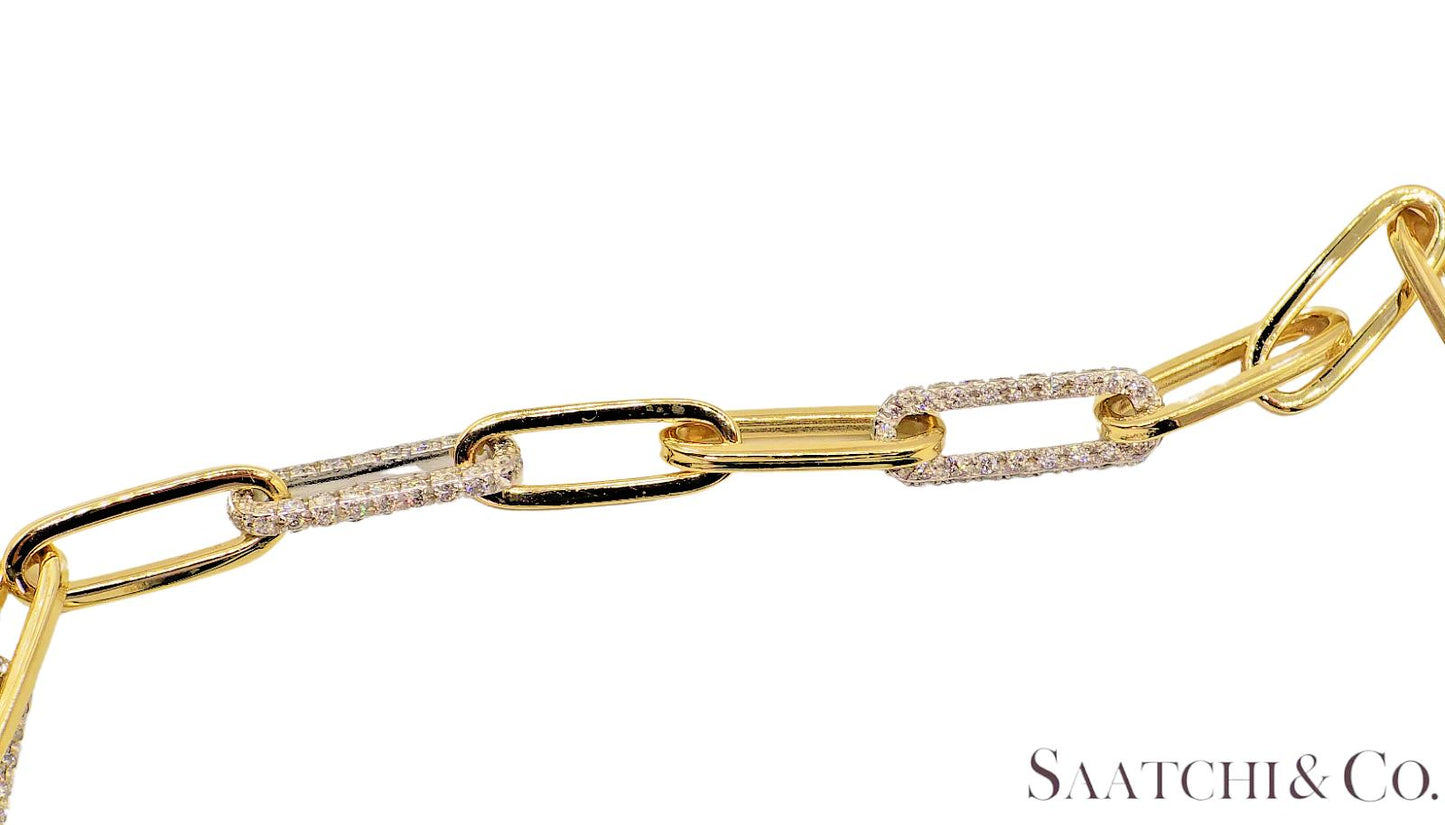 14K (585) White - Yellow Gold Two tone PaperClip shape Necklace -Natural Diamond