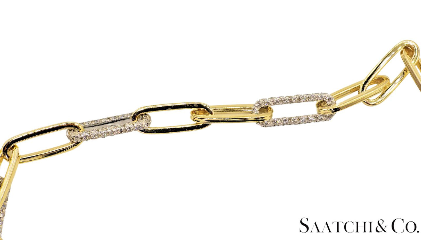 14K (585) White - Yellow Gold Two tone PaperClip shape Necklace -Natural Diamond
