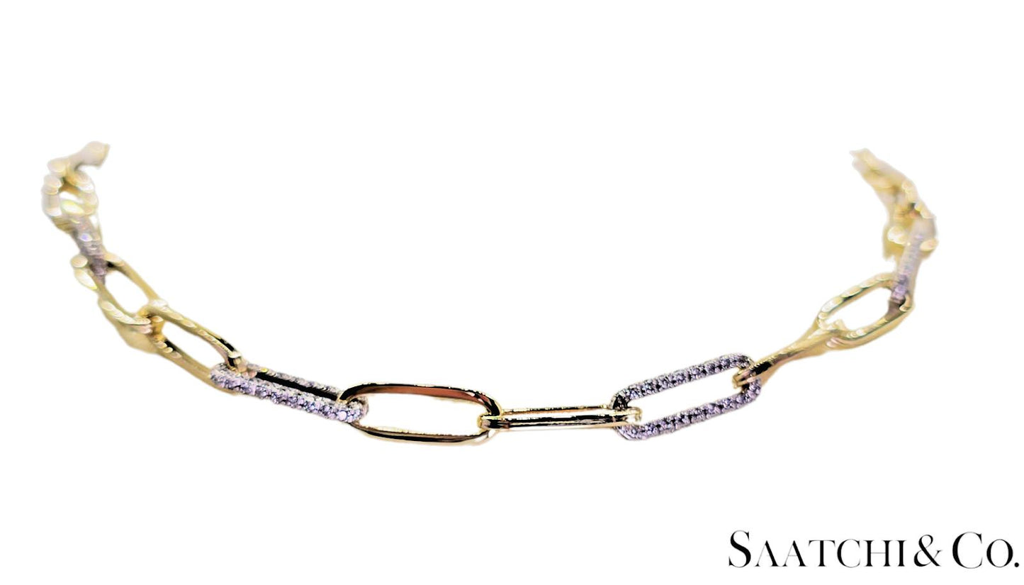 14K (585) White - Yellow Gold Two tone PaperClip shape Necklace -Natural Diamond
