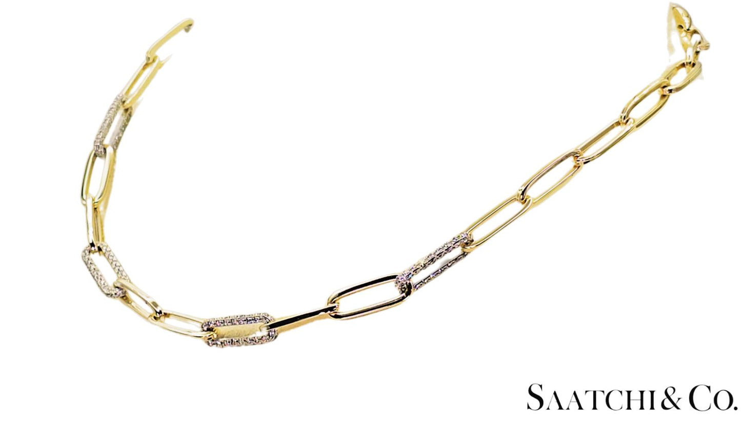 14K (585) White - Yellow Gold Two tone PaperClip shape Necklace -Natural Diamond