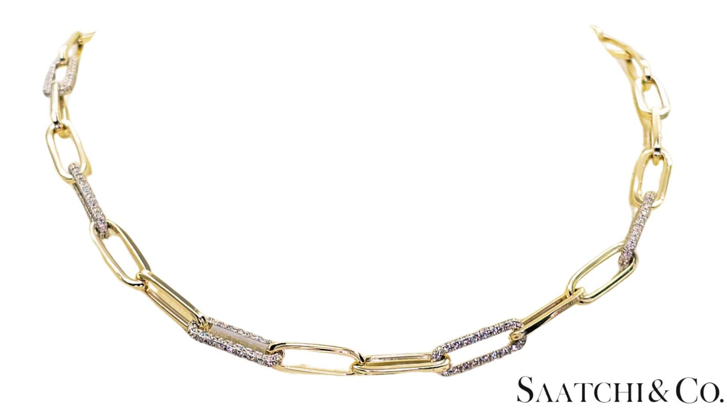 14K (585) White - Yellow Gold Two tone PaperClip shape Necklace -Natural Diamond