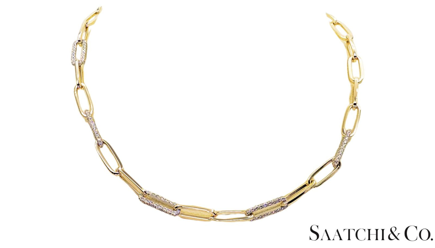 14K (585) White - Yellow Gold Two tone PaperClip shape Necklace -Natural Diamond