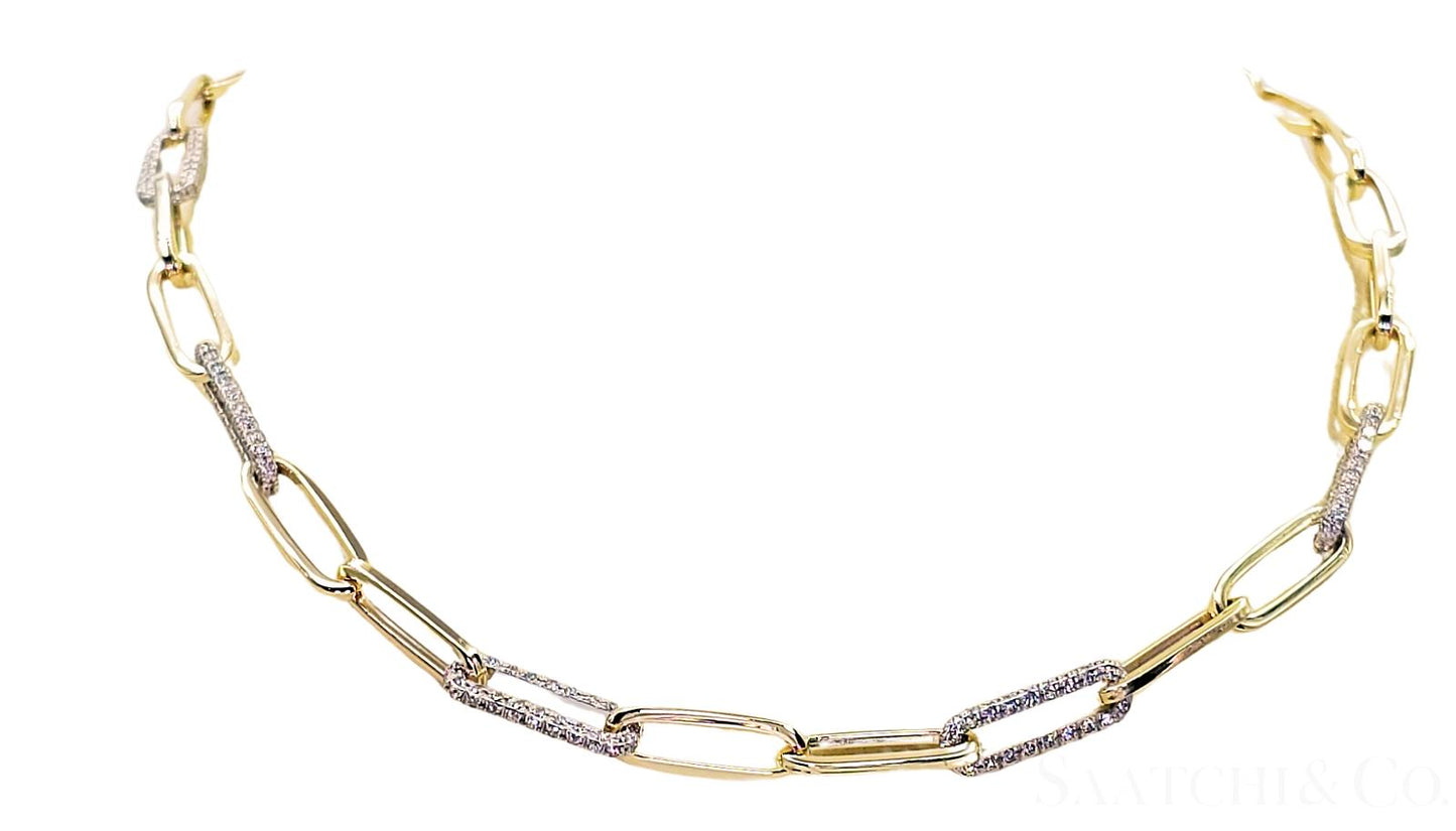 14K (585) White - Yellow Gold Two tone PaperClip shape Necklace -Natural Diamond