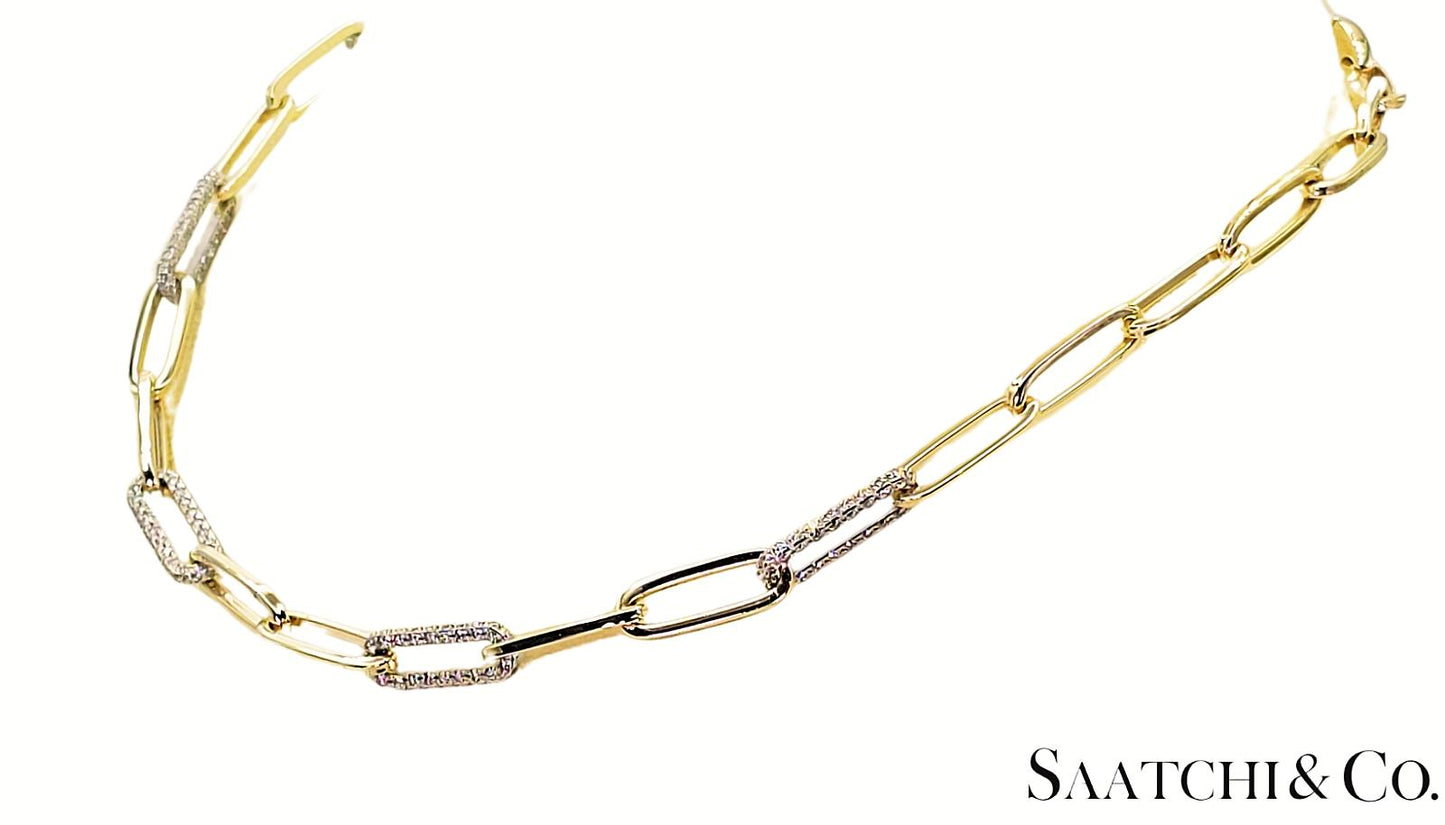 14K (585) White - Yellow Gold Two tone PaperClip shape Necklace -Natural Diamond