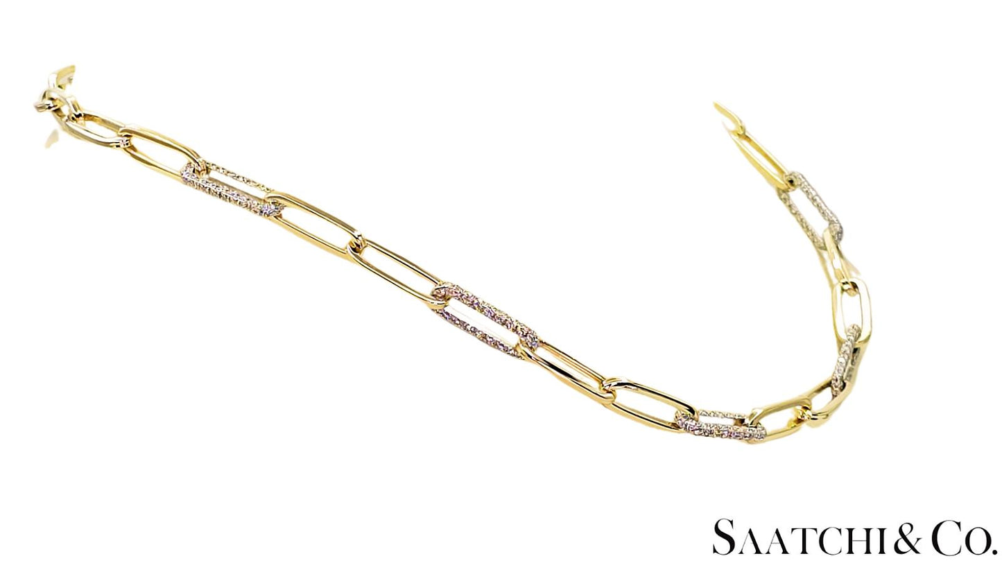 14K (585) White - Yellow Gold Two tone PaperClip shape Necklace -Natural Diamond