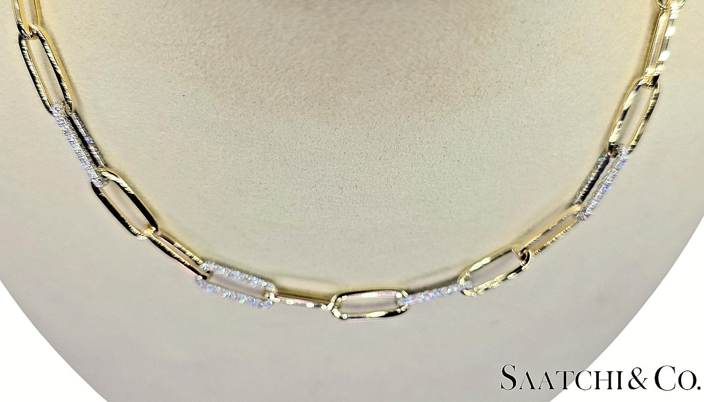 14K (585) White - Yellow Gold Two tone PaperClip shape Necklace -Natural Diamond