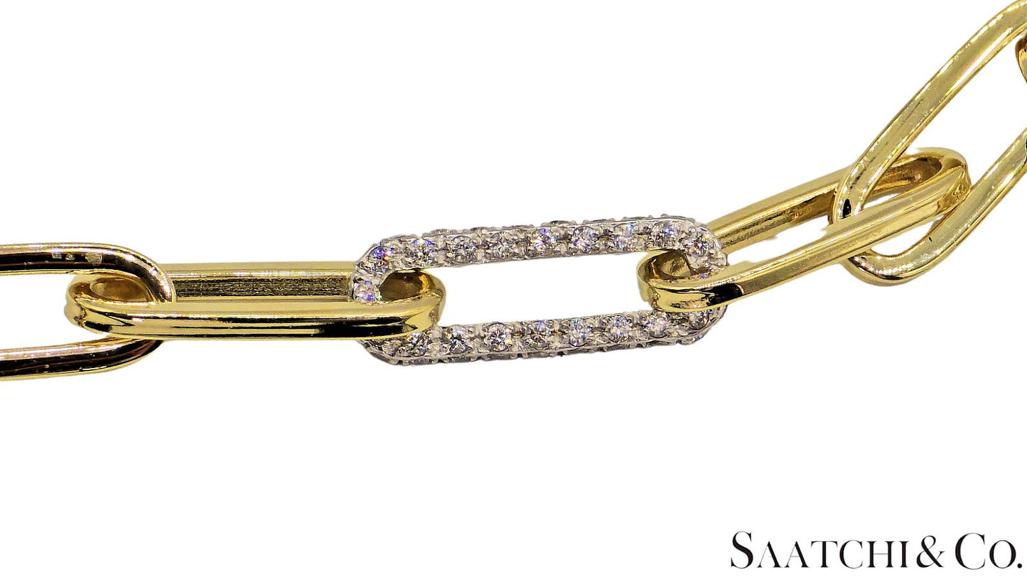 14K (585) White - Yellow Gold Two tone PaperClip shape Necklace -Natural Diamond