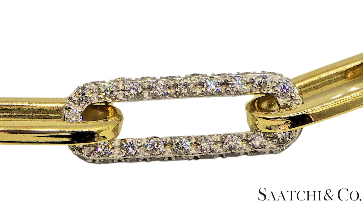 14K (585) White - Yellow Gold Two tone PaperClip shape Necklace -Natural Diamond