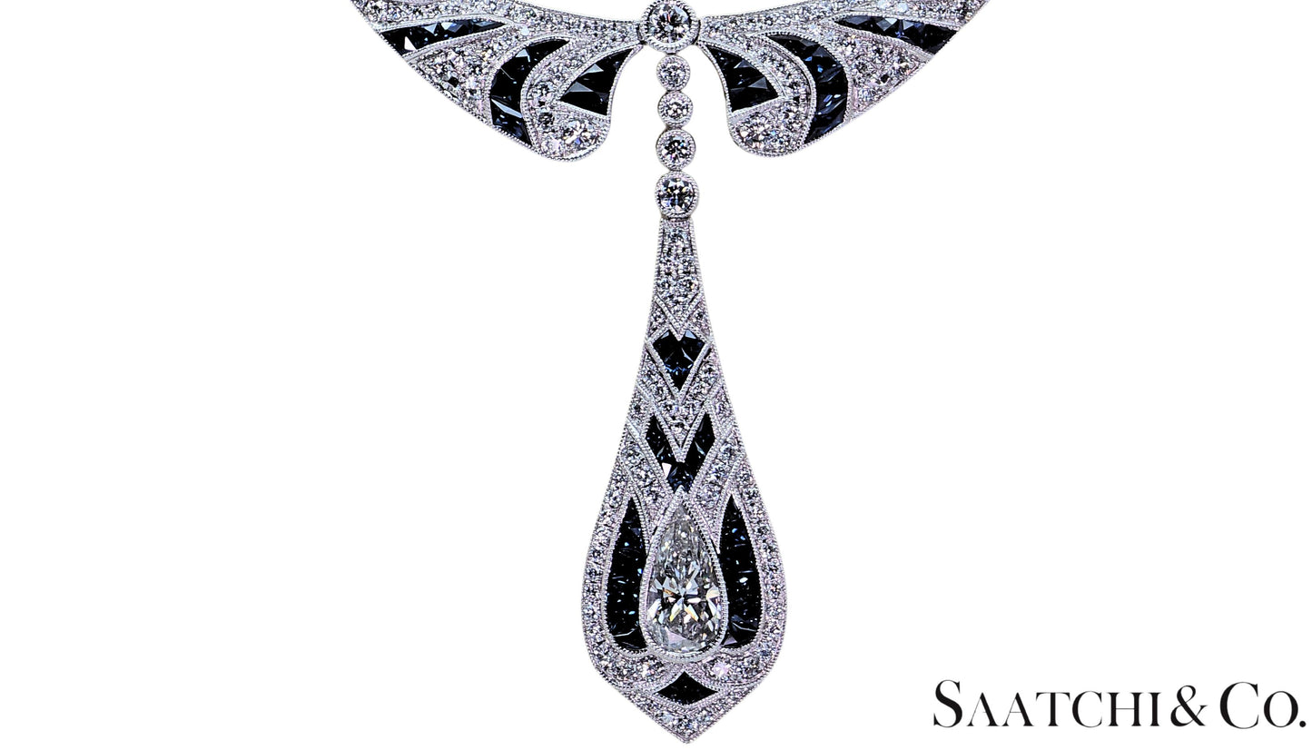 GIA Certified Diamond and Natural Sapphire in Platinum 950 Elegant Necklace