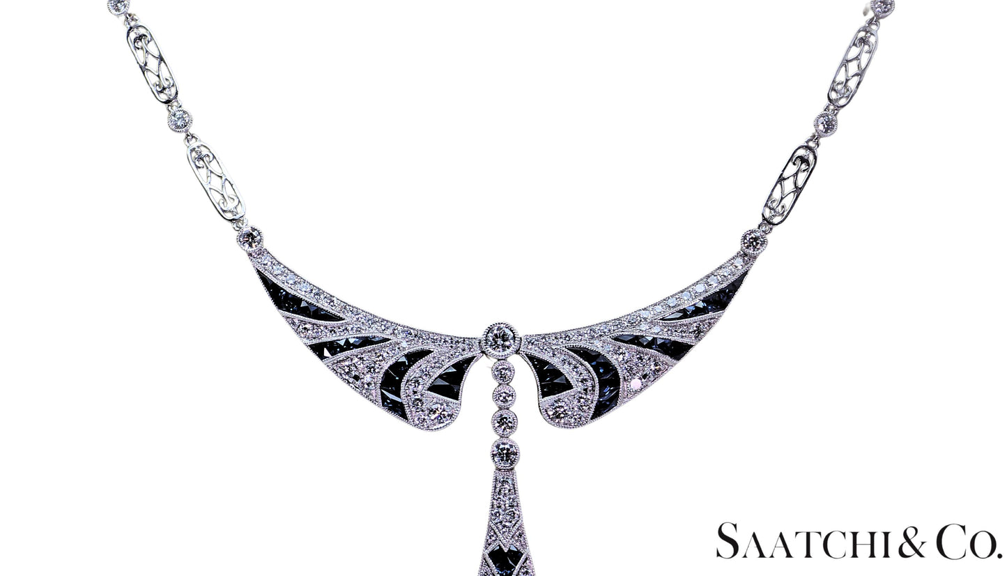 GIA Certified Diamond and Natural Sapphire in Platinum 950 Elegant Necklace