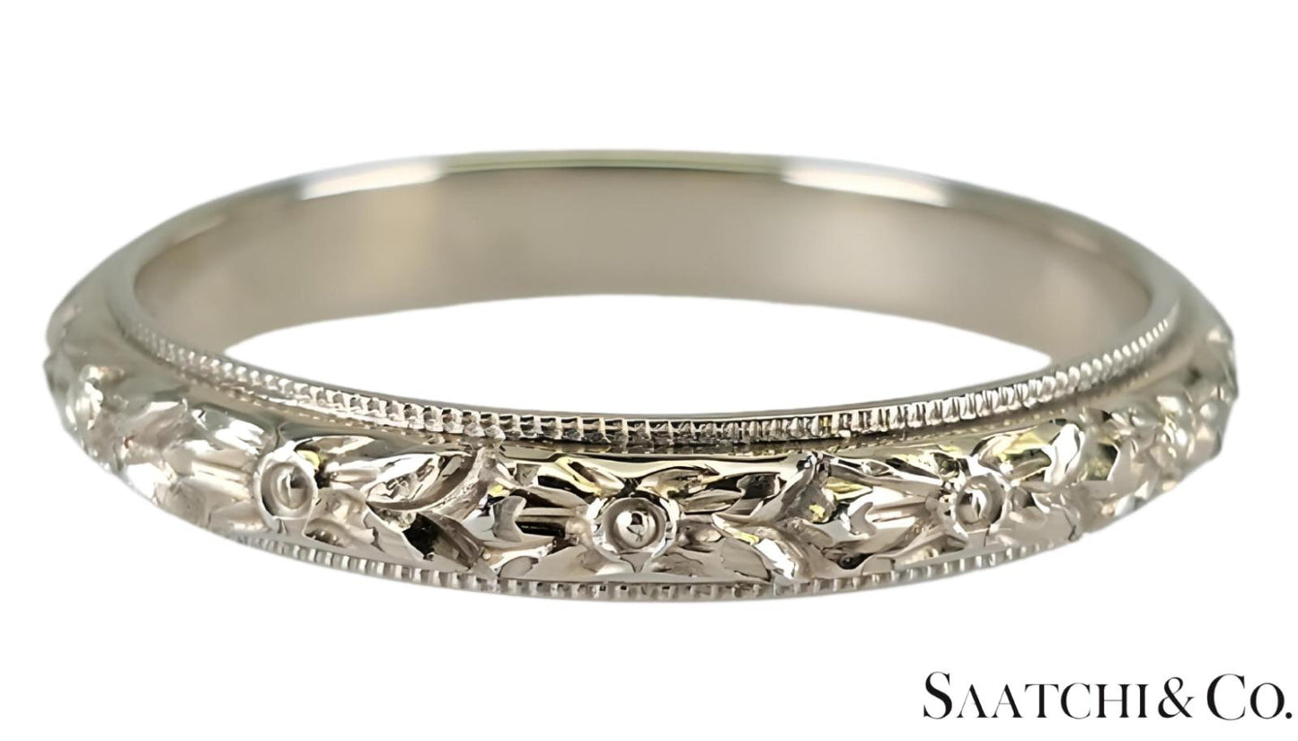 18K (750) White Gold Engraved Ring, Old - Vintage, 3.1 Gram, Size: 6.5