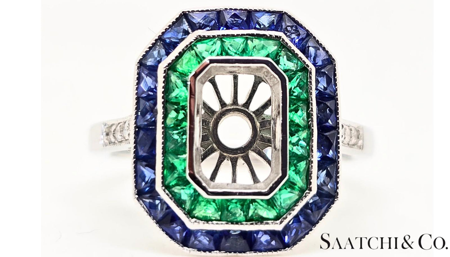18K White Gold, Natural Diamond Emerald and Sapphire ring Mount, 4.3 Grams