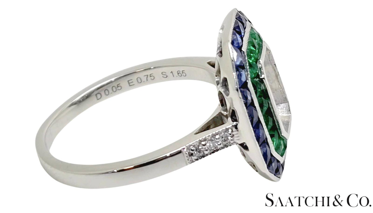 18K White Gold, Natural Diamond Emerald and Sapphire ring Mount, 4.3 Grams