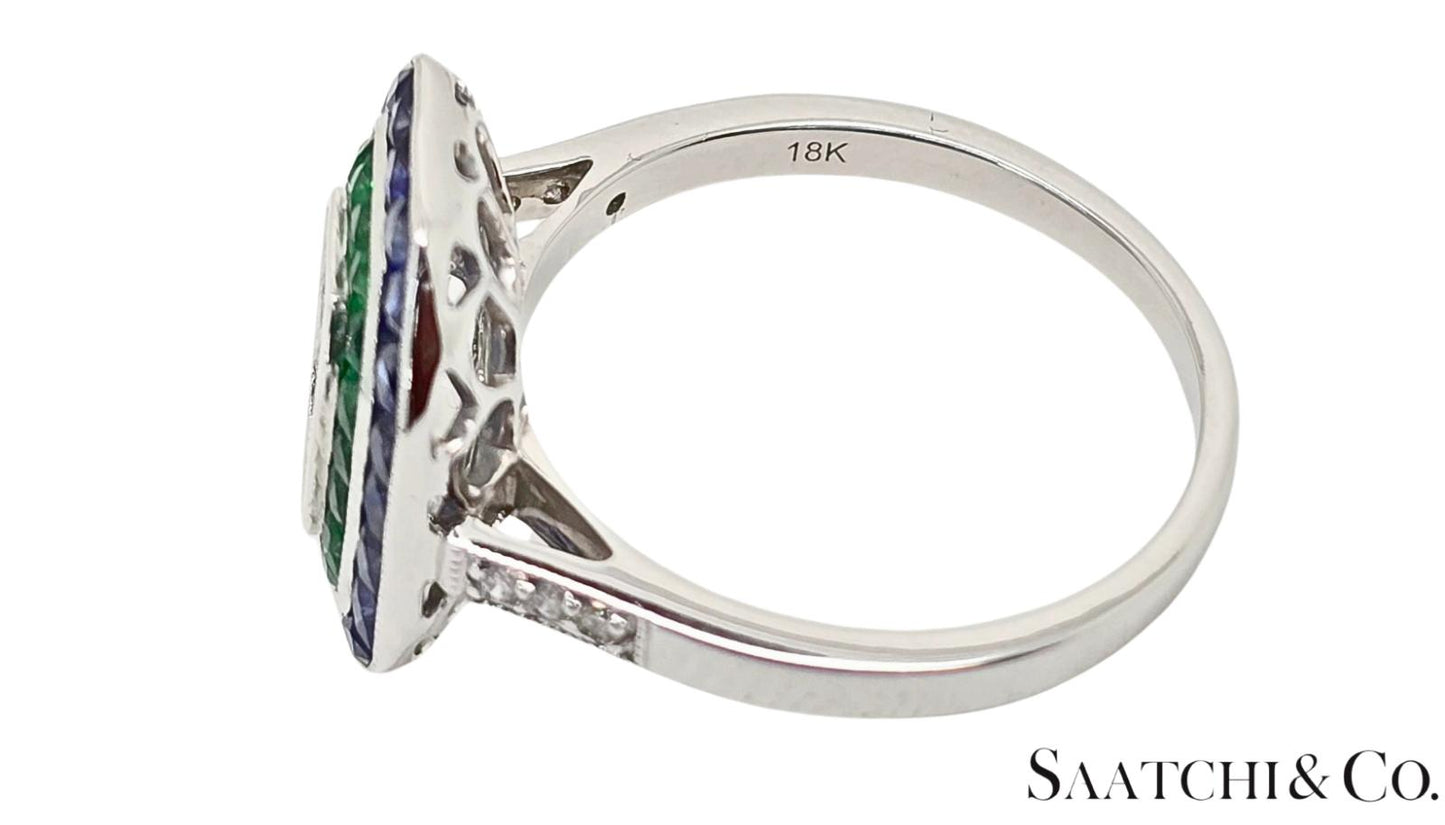 18K White Gold, Natural Diamond Emerald and Sapphire ring Mount, 4.3 Grams