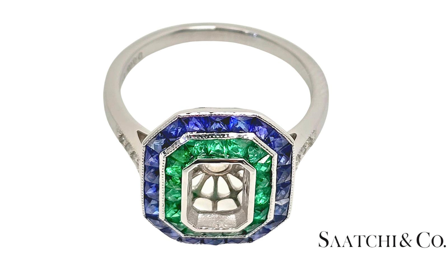 18K White Gold, Natural Diamond Emerald and Sapphire ring Mount, 4.3 Grams