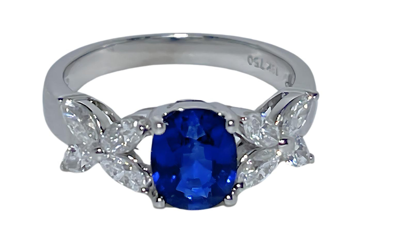 18 K White Gold Diamond - GIA Certified Blue Sapphire Ring