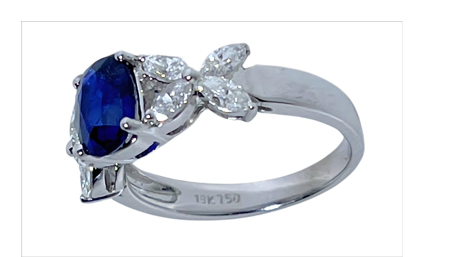 18 K White Gold Diamond - GIA Certified Blue Sapphire Ring