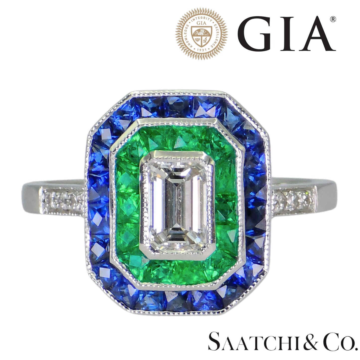 GIA - 18K (750) Emerald Shape Natural Round VVS Diamond Sapphire Emerald Ring