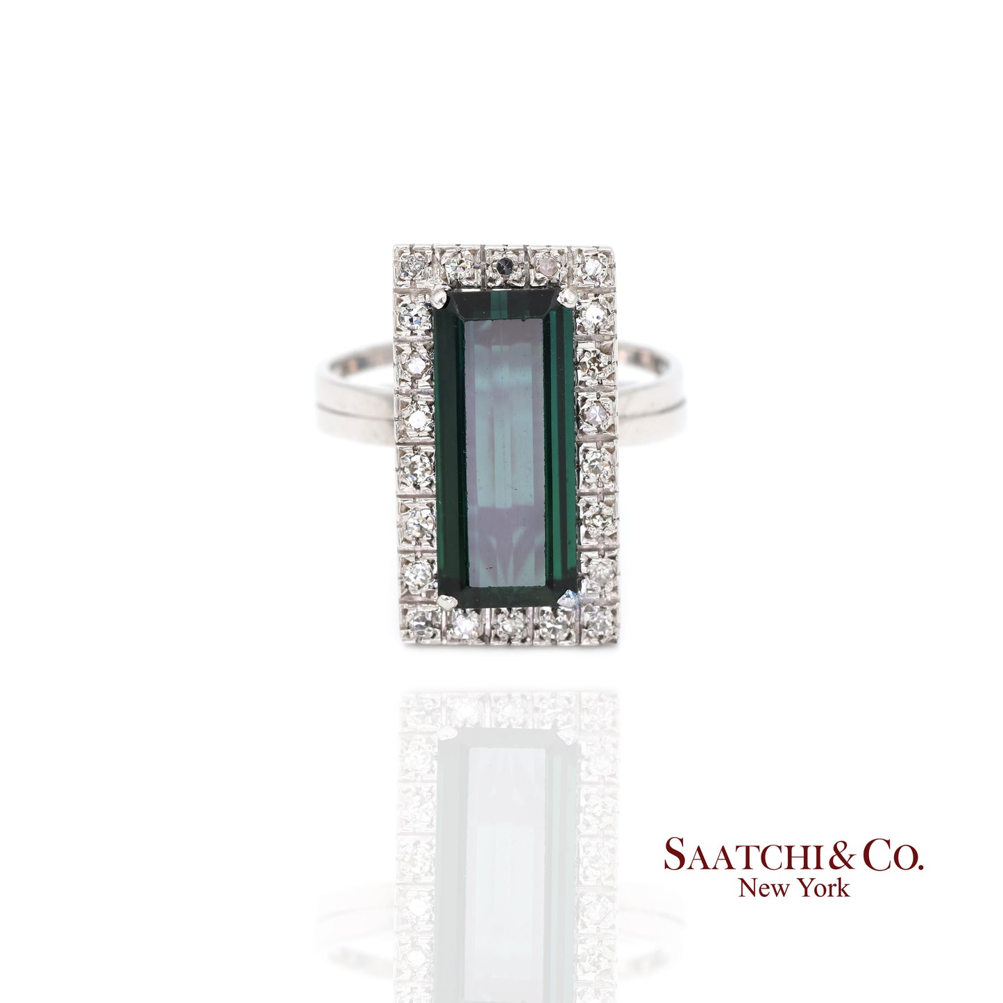 Pt 900 Natural Green Tourmaline and Natural Diamond Ring