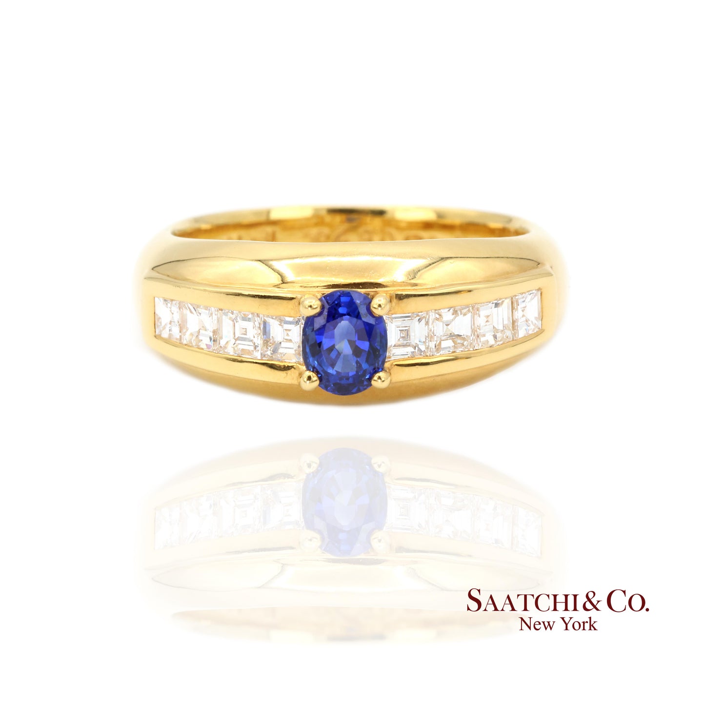 18k (750) Yellow Gold Natural Blue Sapphire and Natural Diamond Ring