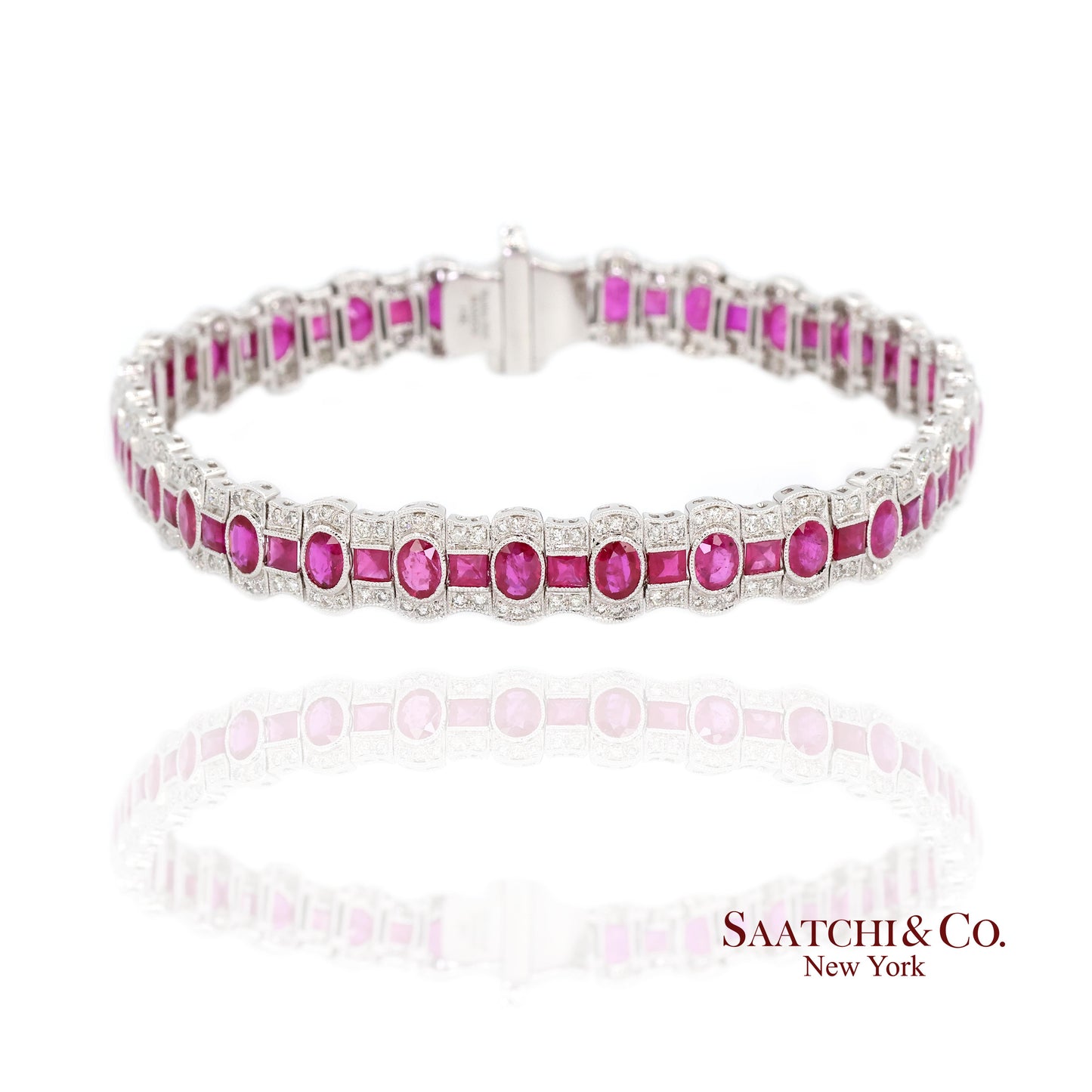 14K White Gold Natural Ruby Diamond Tennis Bracelet Milgrain Setting