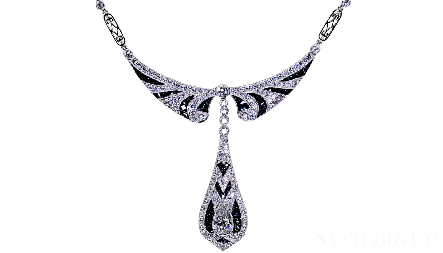 GIA Certified Diamond and Natural Sapphire in Platinum 950 Elegant Necklace