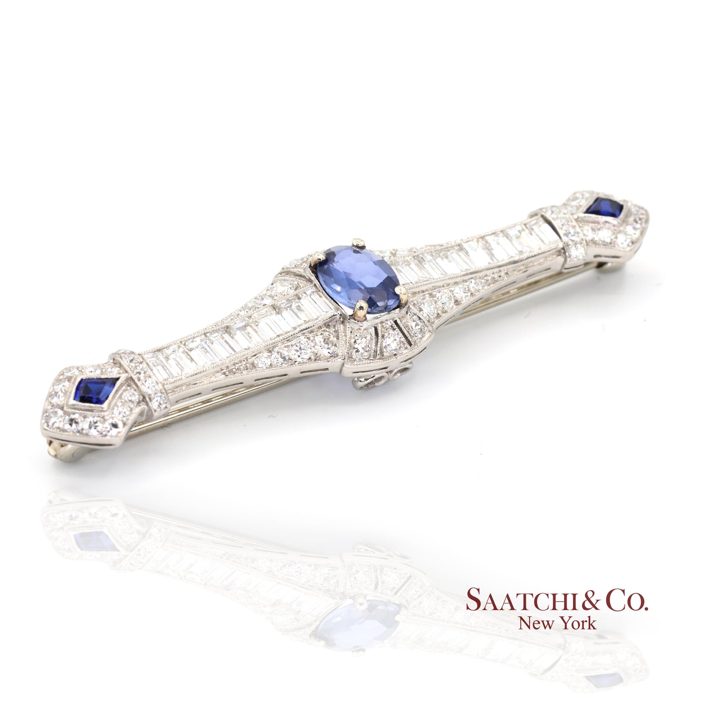 Platinum 950 Natural Sapphire and Diamond Brooch