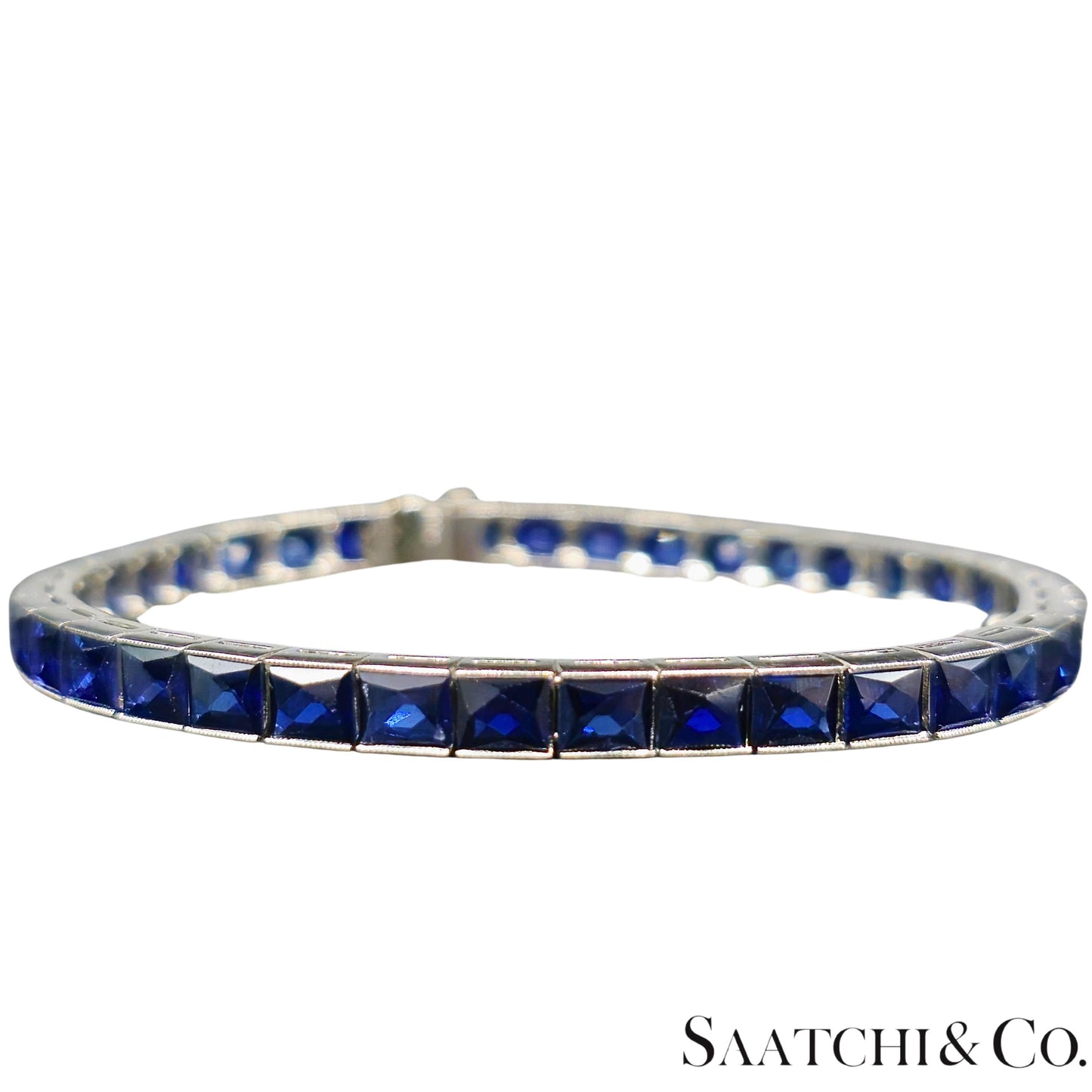 Platinum (950) LAB Created Top Quality Sapphire Grench Cut: Tennis Bracelet