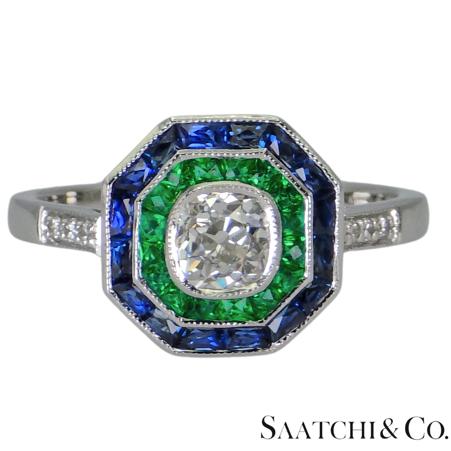 18K (750) White Gold Cushion Shape Natural Diamond Sapphire Emerald: Ring