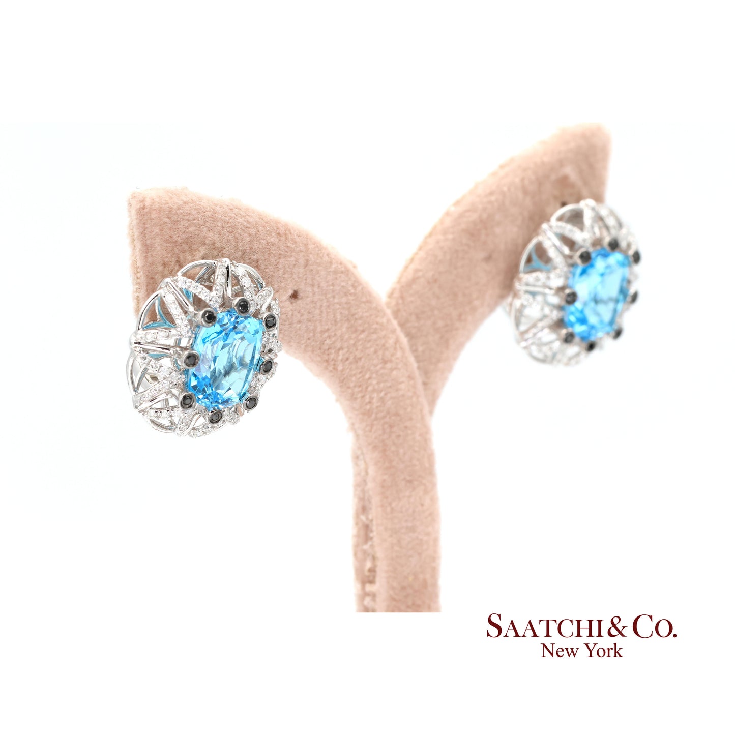 14k (585) White Gold Natural Blue Topaz and Diamond Earrings