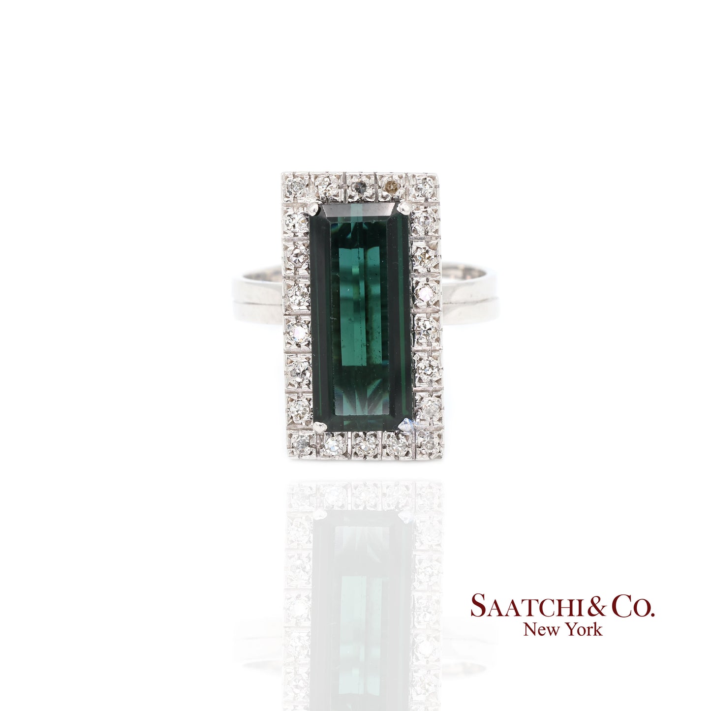 Pt 900 Natural Green Tourmaline and Natural Diamond Ring