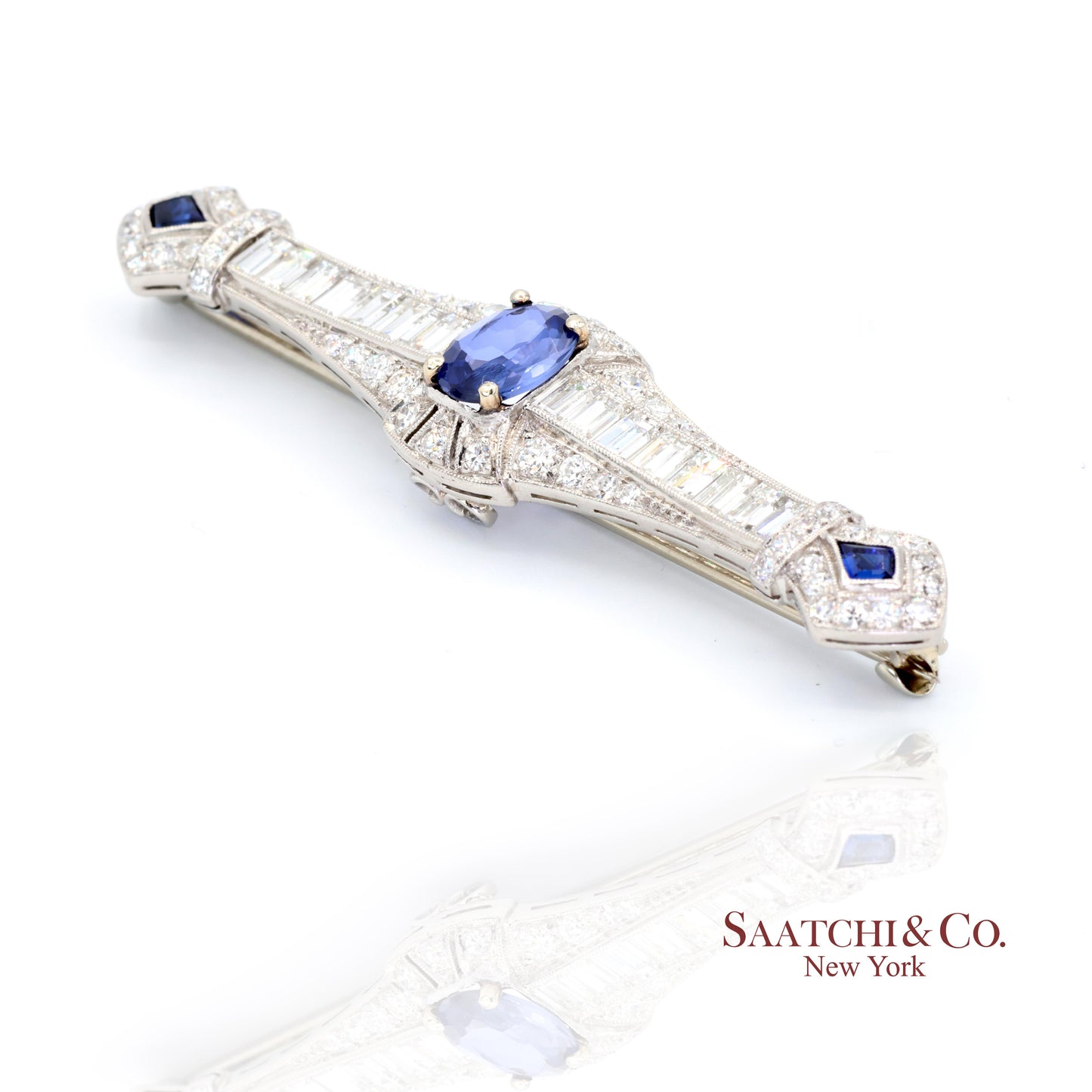 Platinum 950 Natural Sapphire and Diamond Brooch