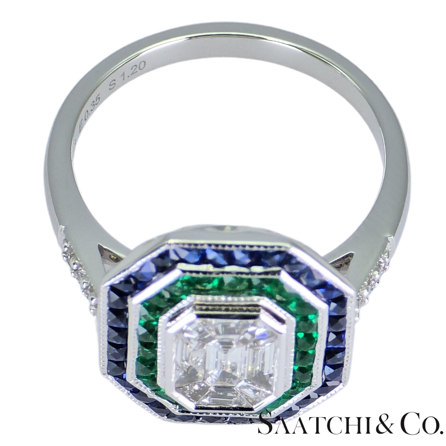 18K (750) Illusion Emerald Shape Natural Round VVS Diamond Sapphire Emerald Ring