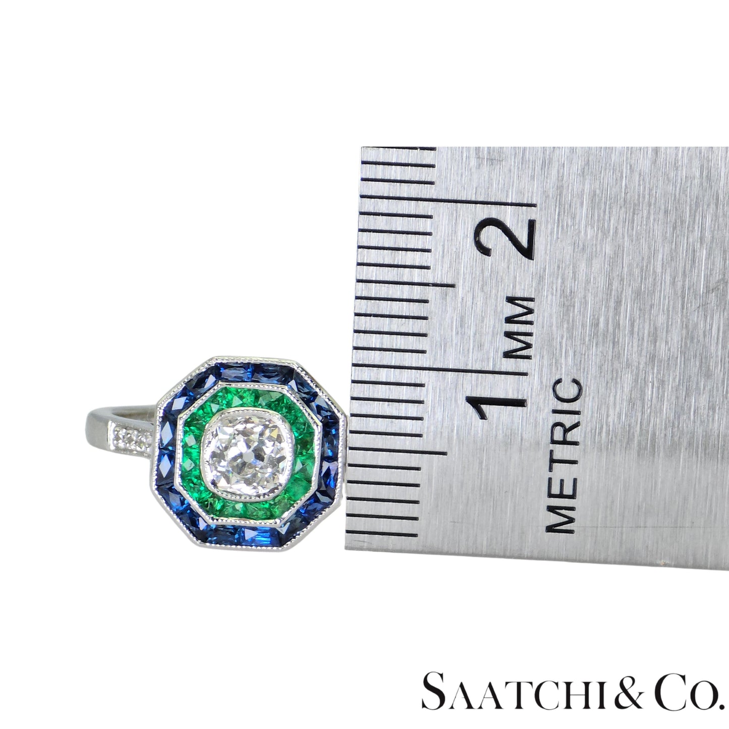 18K (750) White Gold Cushion Shape Natural Diamond Sapphire Emerald: Ring