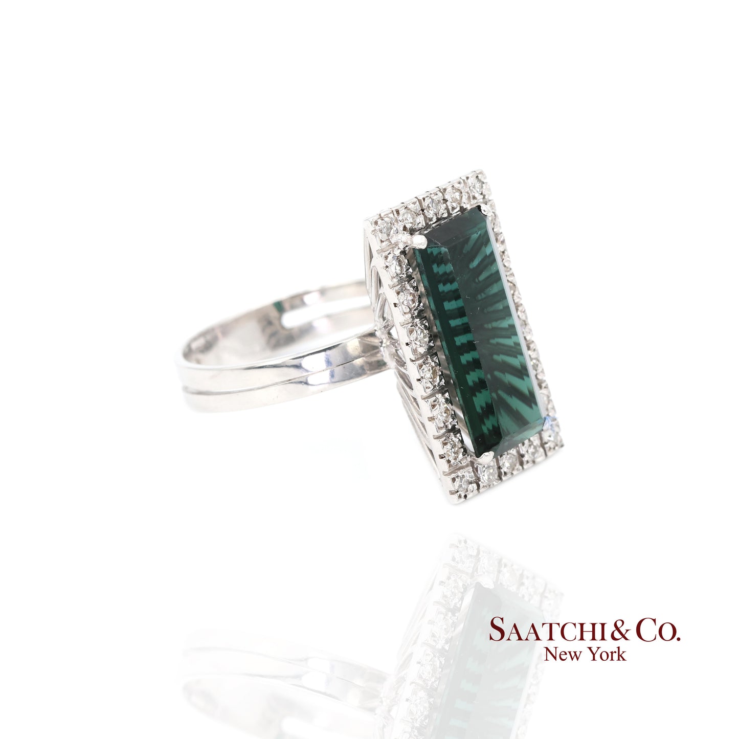 Pt 900 Natural Green Tourmaline and Natural Diamond Ring
