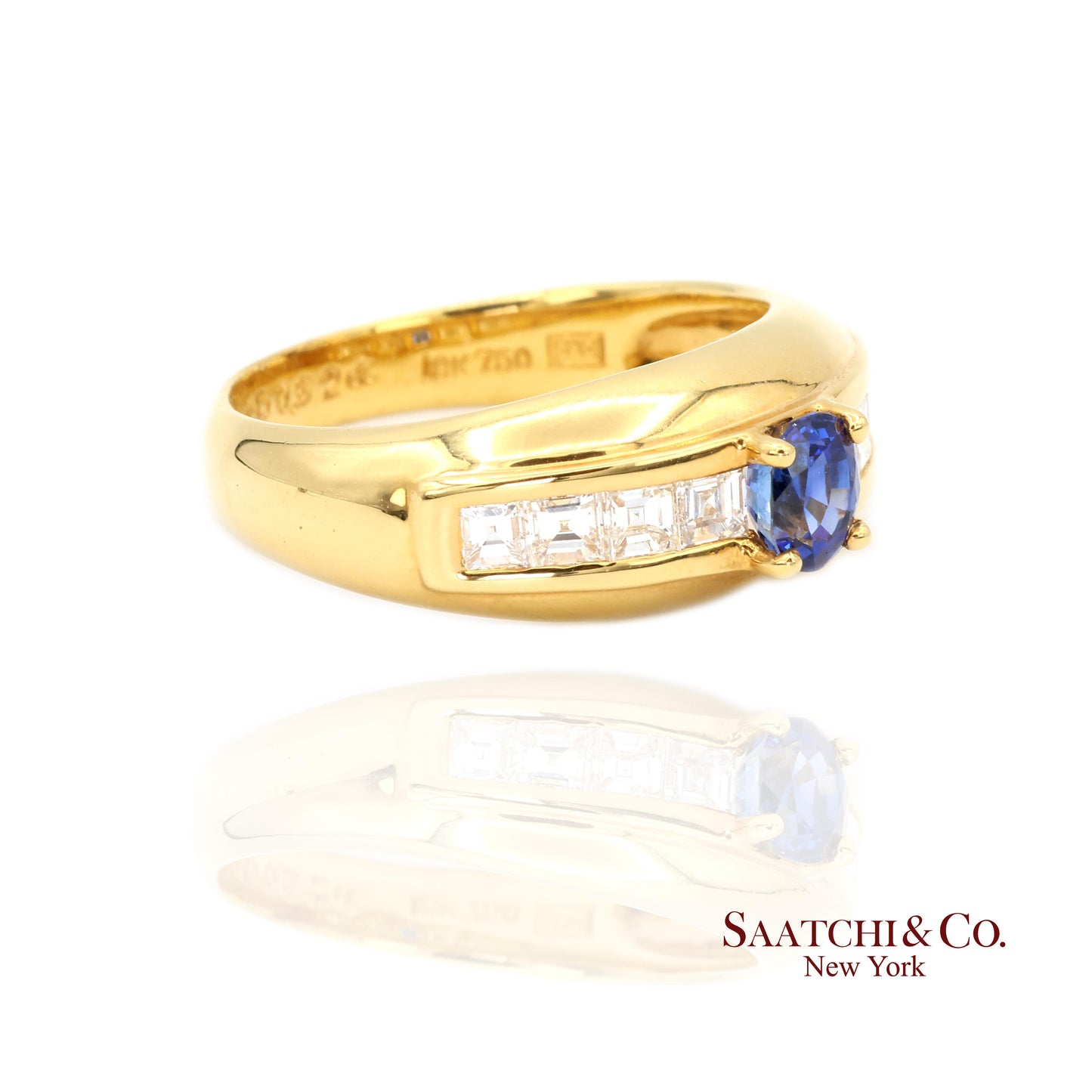18k (750) Yellow Gold Natural Blue Sapphire and Natural Diamond Ring