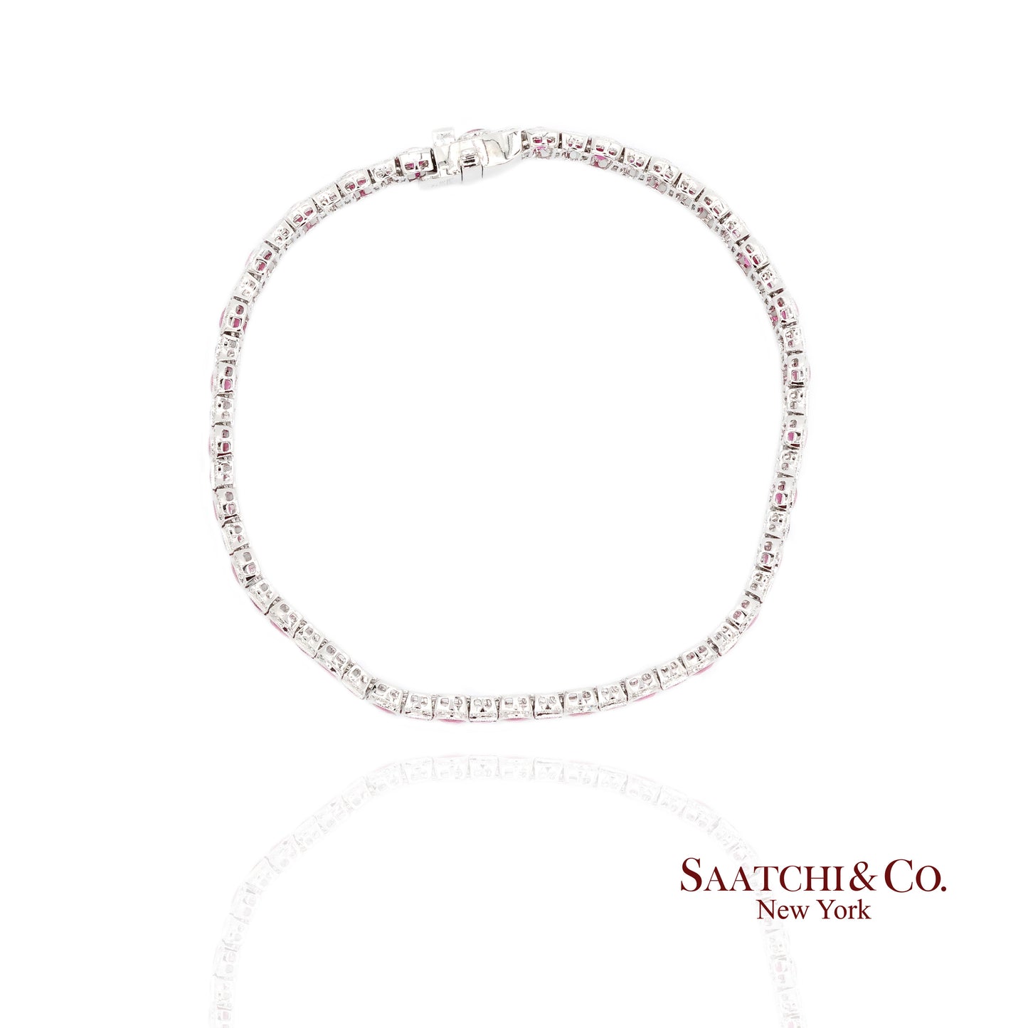 14K White Gold Natural Ruby Diamond Tennis Bracelet Milgrain Setting